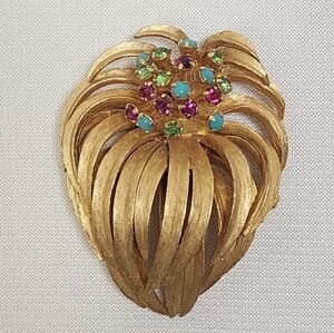 Vintage Pastelli Gold Floral Brooch with Multicolor Gemstones Center